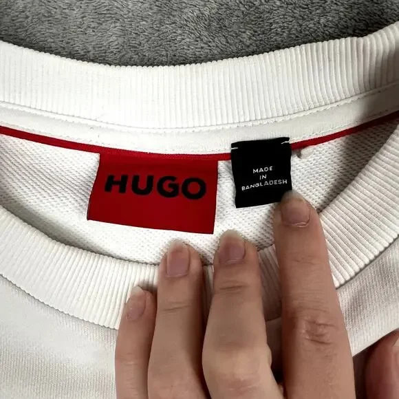 Hugo Boss Cotton Terry Sweatshirt Men L White Streetwear Reverse Spellout